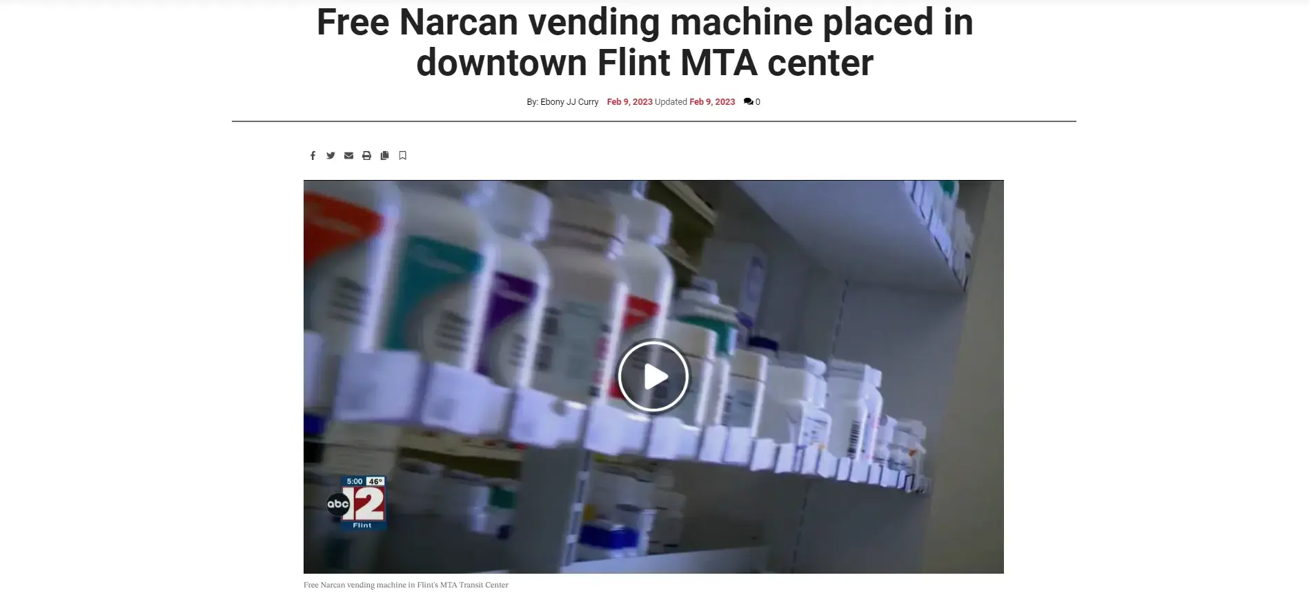 Link to an article regarding about a narcan vending machine in downtown flint MTA center.